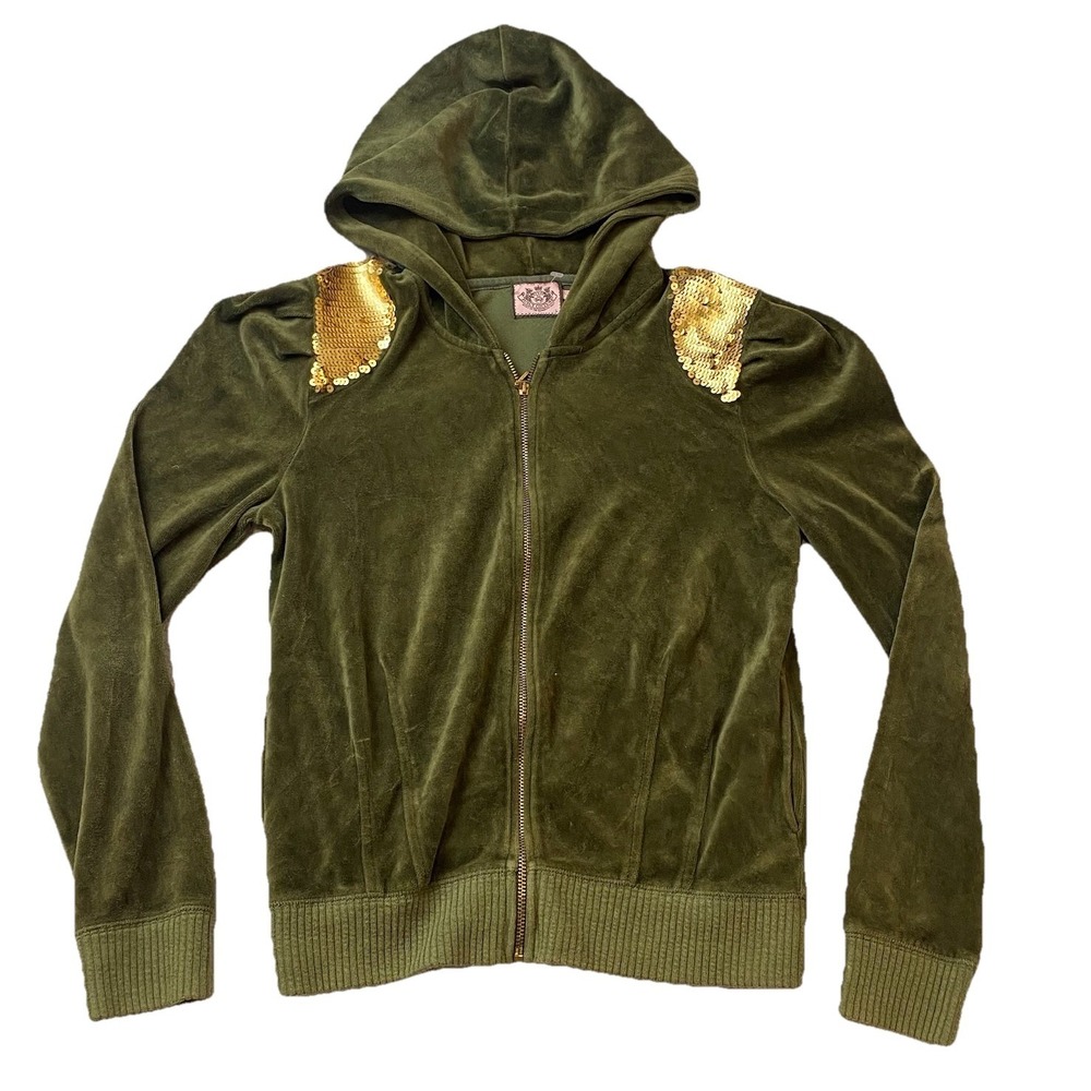 Juicy Couture Velour Full Zip Jacket Hoodie Olive Green Sequin Y2K Retro Large